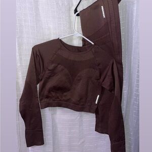 Brown Long Sleeve Crop Top and Leggings Set